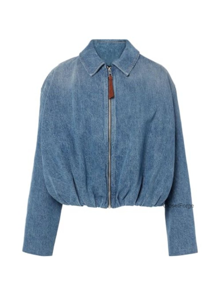 Denim Bomber Jacket Zip Up Loose Fit Draped Collared Casual Lightweight Jacket